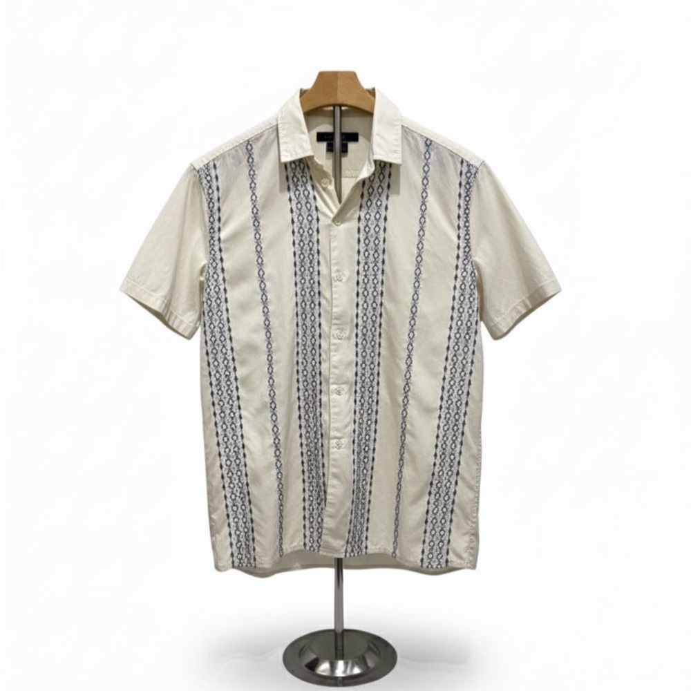 Men's Cream and Blue Patterned Shirt Hollister